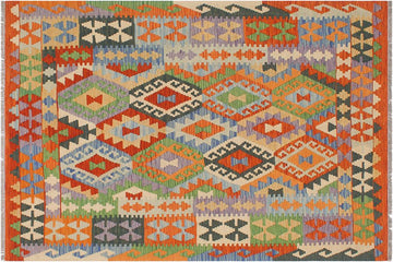 Flat Weave Kilim, Antique, Navaho, Vintage, Handmade, Geometric Kilim Rust Blue Hand-Woven Rectangle 100% Wool Area Rug 5 x 6